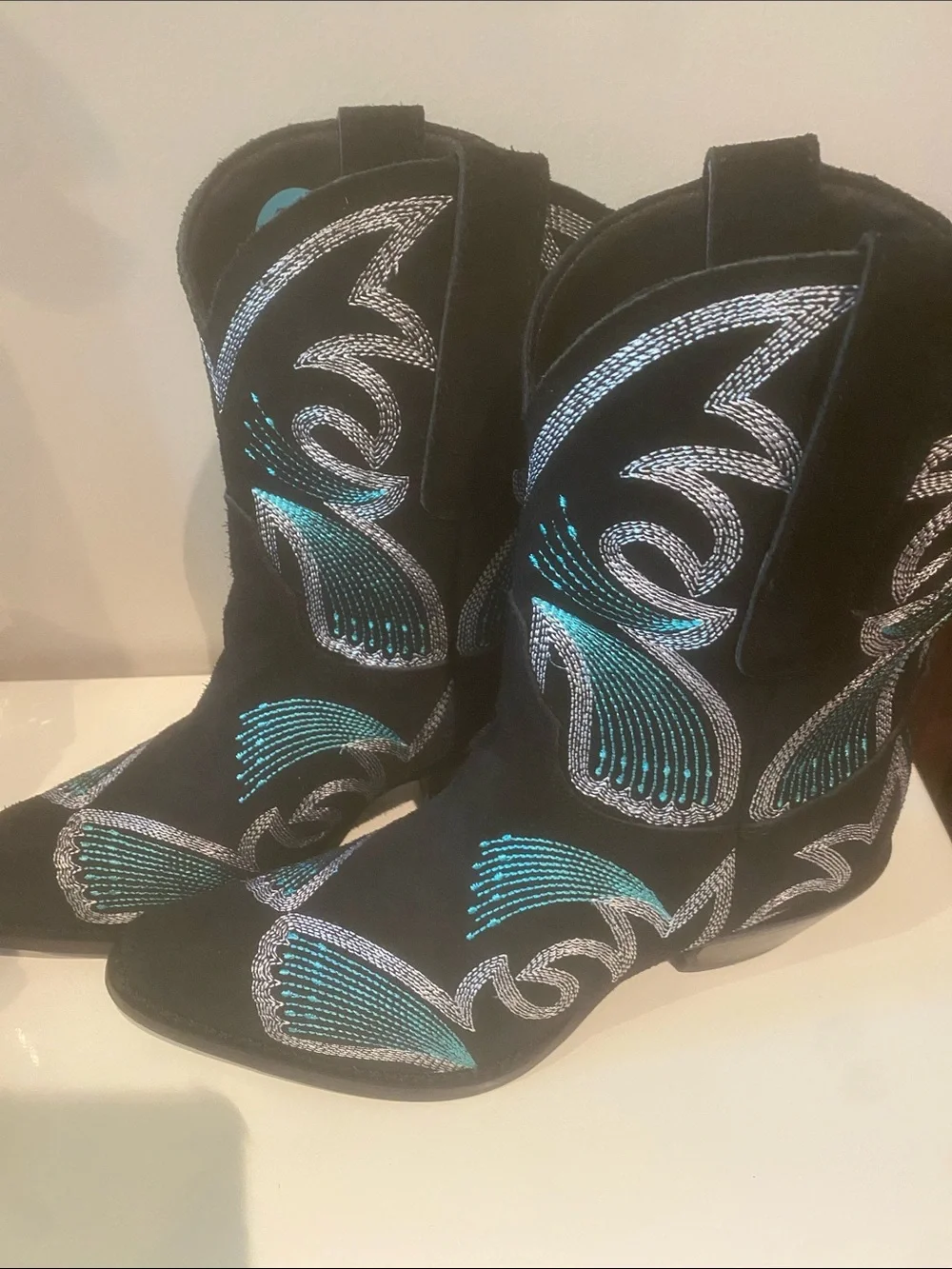 Dingo Black Suede Western Ankle Boots with Teal & Silver Embroidery
